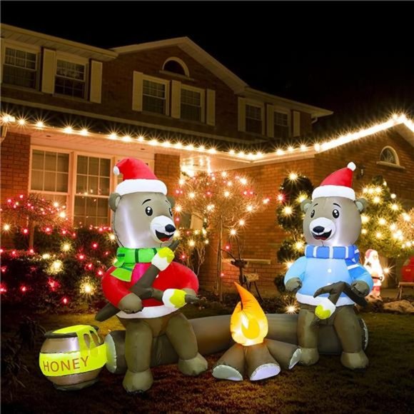 7FT Christmas Inflatable Decorations, Bears Roasting Marshmallows Over Campfire - Picture 4 of 7